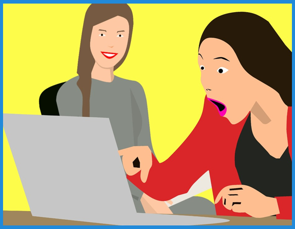woman yellow background shocked laptop facebook ad